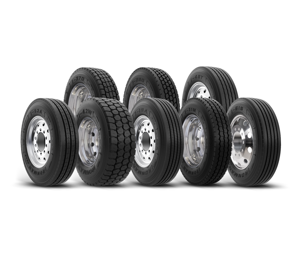 I-Series lineup of Ironman commercial tires on transparent background